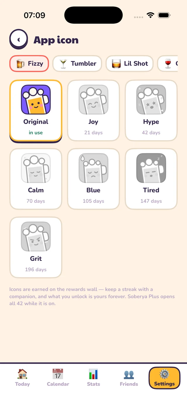 The app-icon picker, with earned icons in colour and locked ones greyed out.