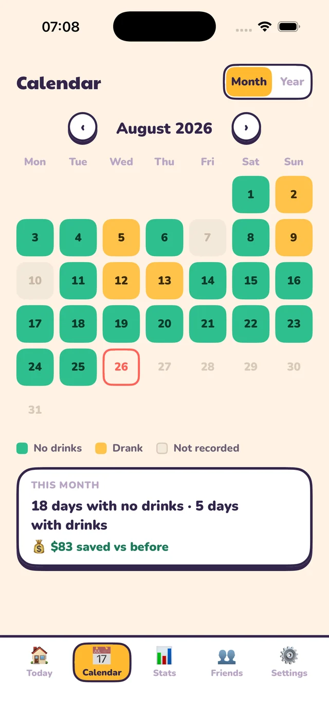 Soberya on iPhone — Calendar. A month at a glance — green for alcohol-free, amber for a day you drank.