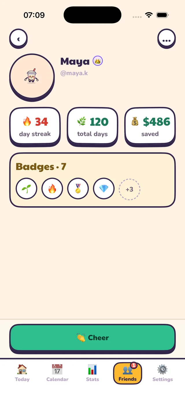 A friend’s page: a 34-day streak, 120 total days, and a Cheer button.