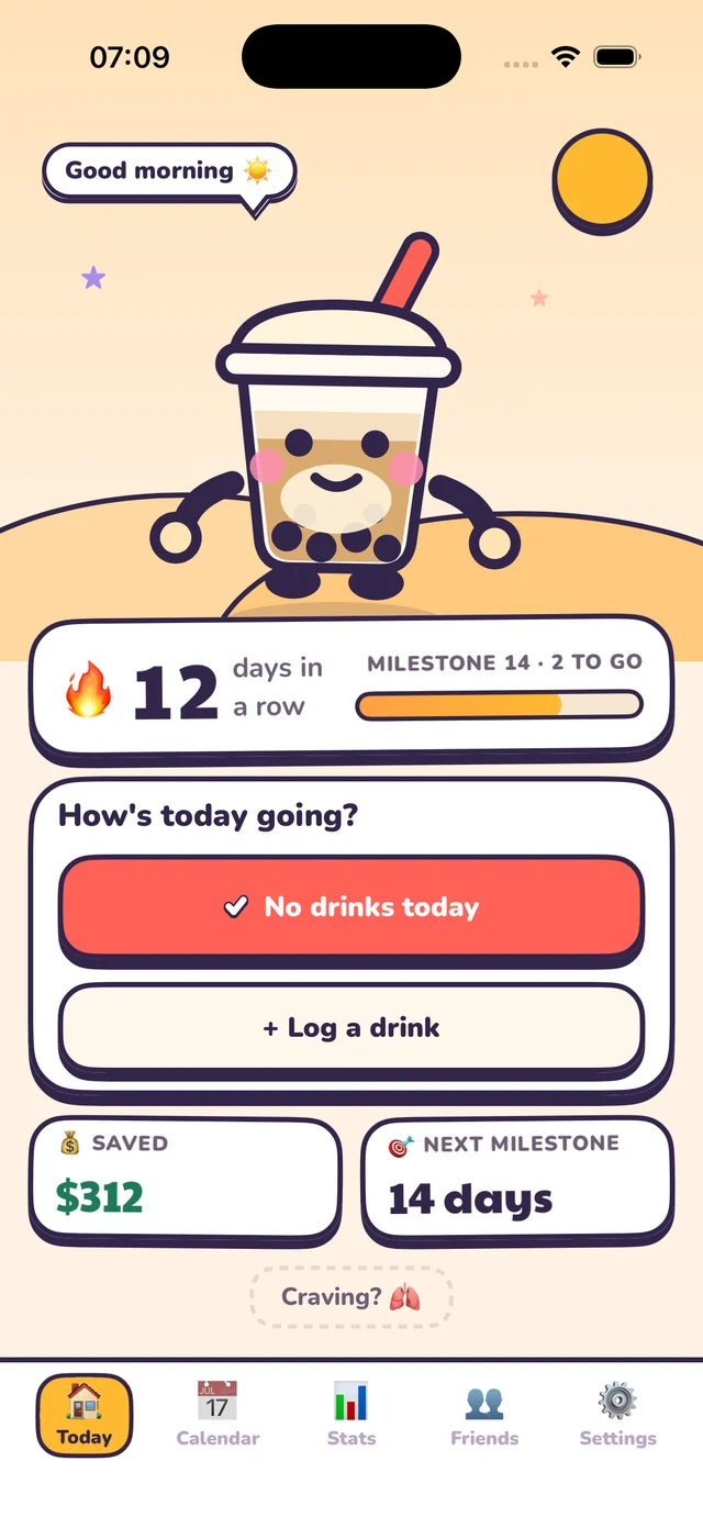 The Soberya Today screen on iPhone with Boba as the companion.