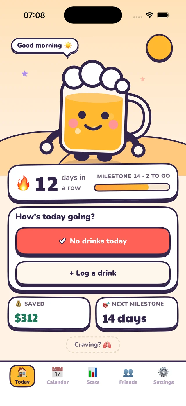 The Soberya Today screen on iPhone with Fizzy as the companion.