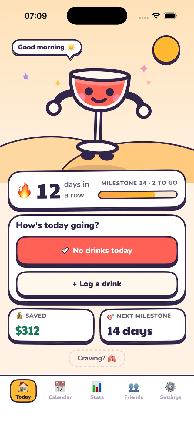 The Soberya Today screen on iPhone with Grapely as the companion.
