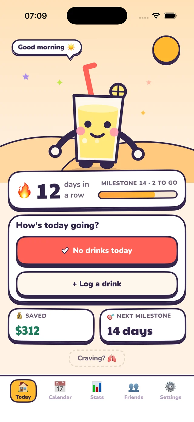 The Soberya Today screen on iPhone with Lemon Soda as the companion.